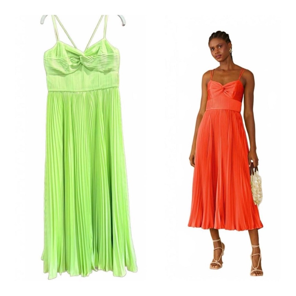 AMUR Krisley Pleated Satin Lime Green Midi Dress - Picture 2 of 12